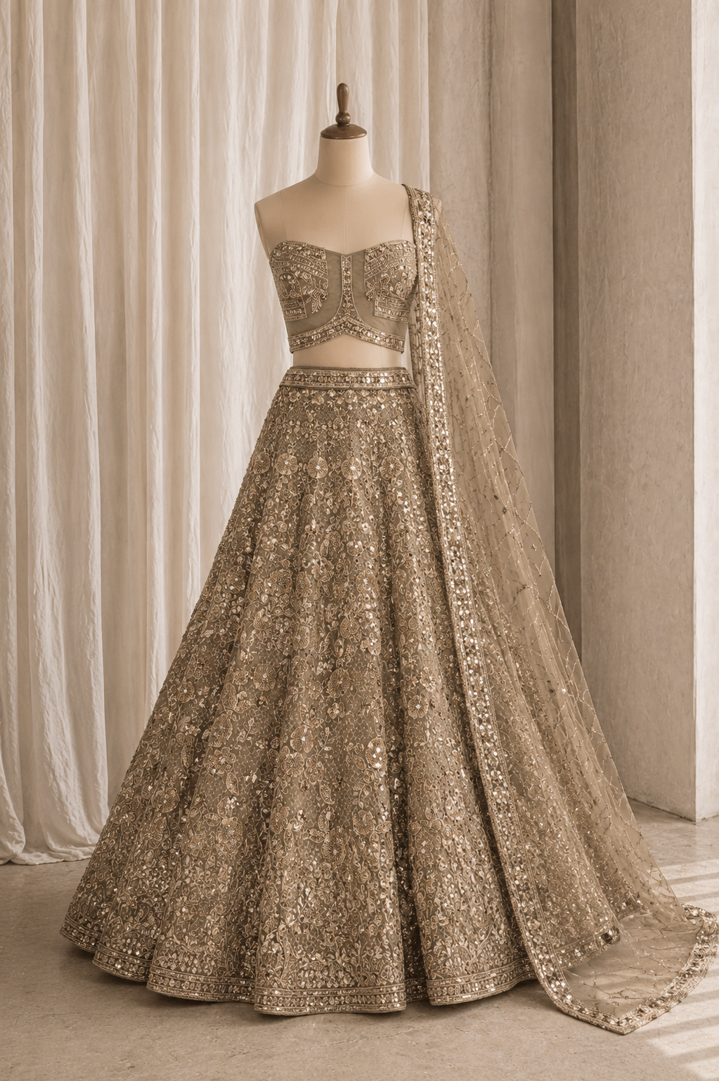 Excellent Cut Dana Work Brown Color And Soft Net Fabric Unstitch Lehenga