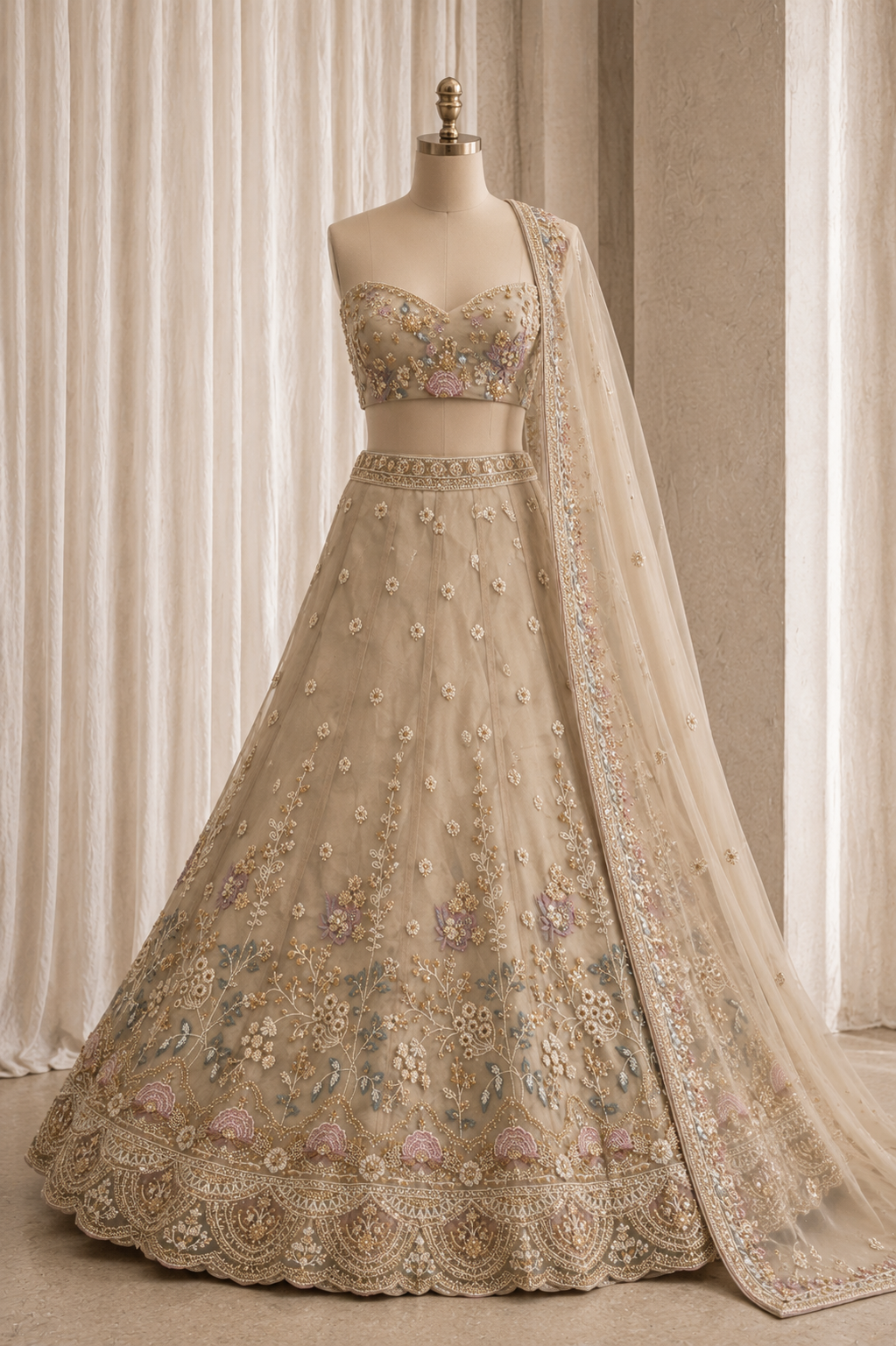 Stunning Cut Dana Work Beige Color And Tissue Fabric Unstitch Lehenga