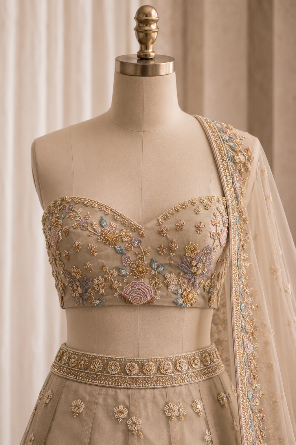 Stunning Cut Dana Work Beige Color And Tissue Fabric Unstitch Lehenga