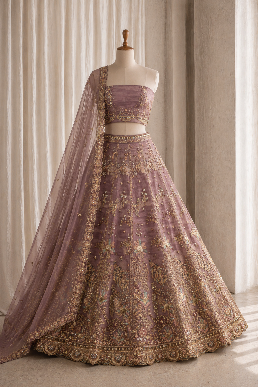 Royal Thread Work Mauve Color And Tissue Fabric Unstitch Lehenga