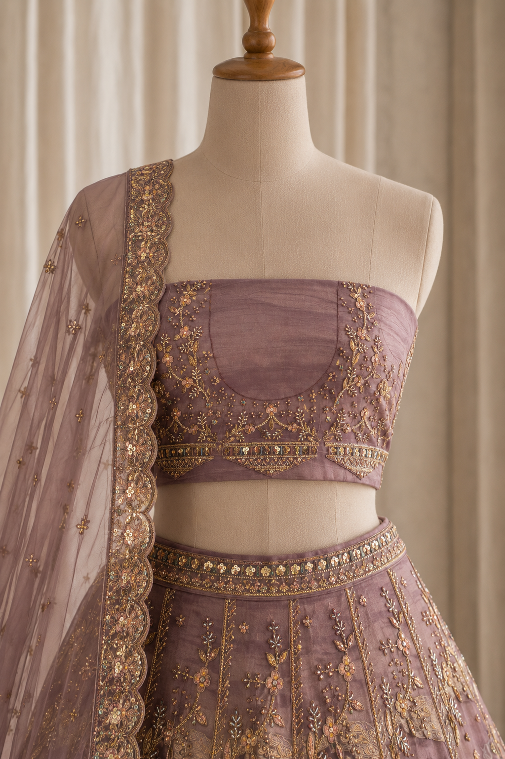 Royal Thread Work Mauve Color And Tissue Fabric Unstitch Lehenga