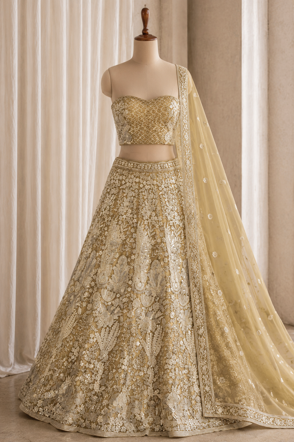 Beautiful Beige Color And Tissue Fabric Thread work Unstitch Lehenga