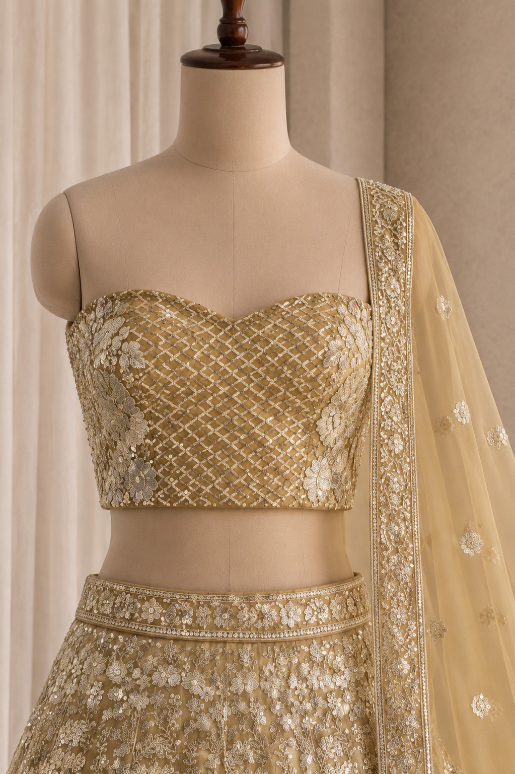 Beautiful Beige Color And Tissue Fabric Thread work Unstitch Lehenga