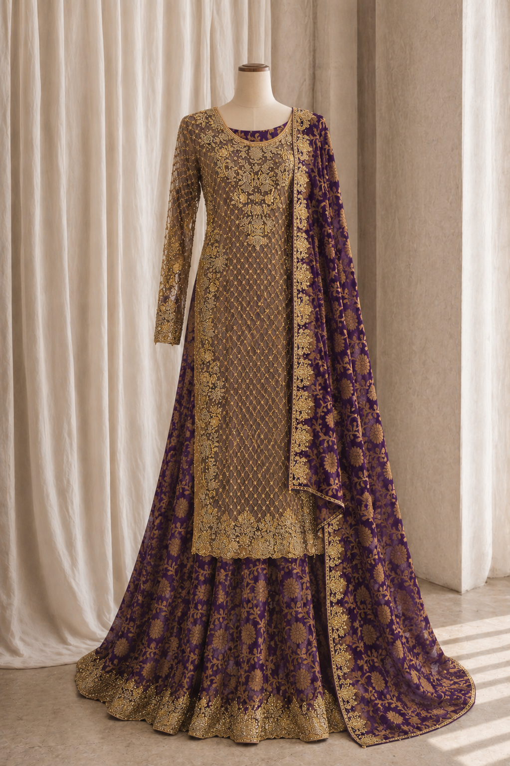 Radiance Diamond Work Gold Color Banarasi Fabric Indo-Western