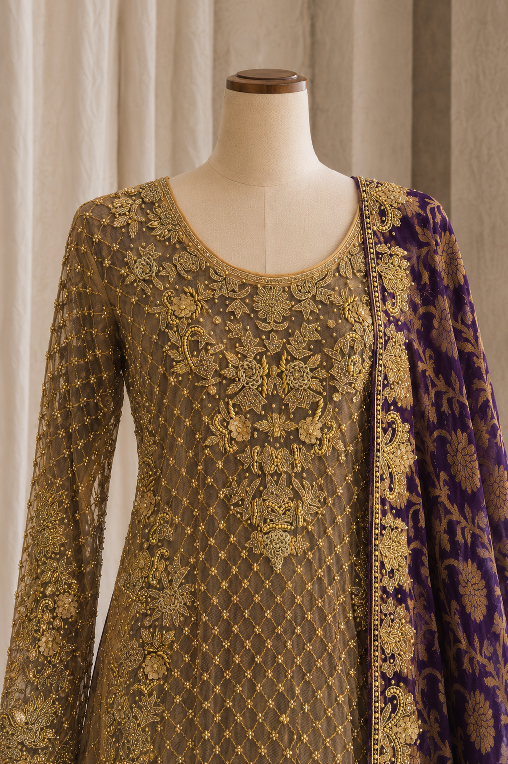 Radiance Diamond Work Gold Color Banarasi Fabric Indo-Western