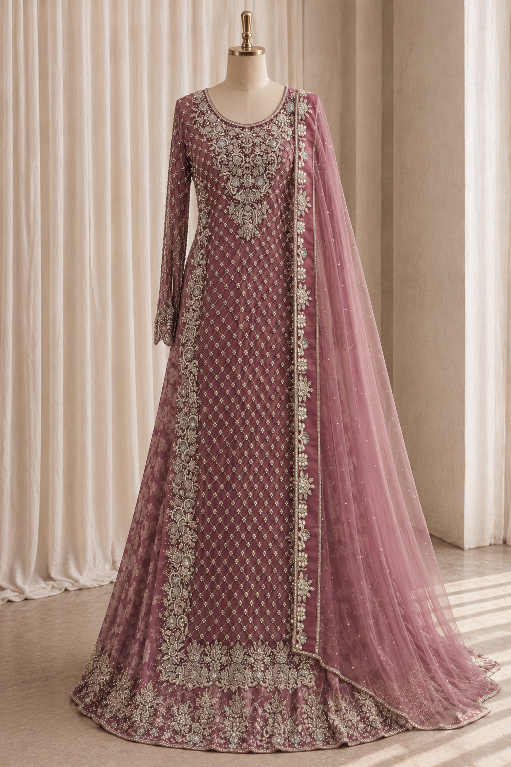 Elegance Diamond Work Mauve Color Net Fabric Indo-Western
