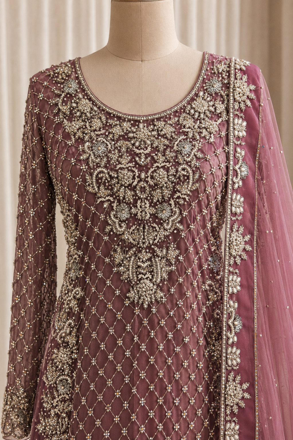 Elegance Diamond Work Mauve Color Net Fabric Indo-Western