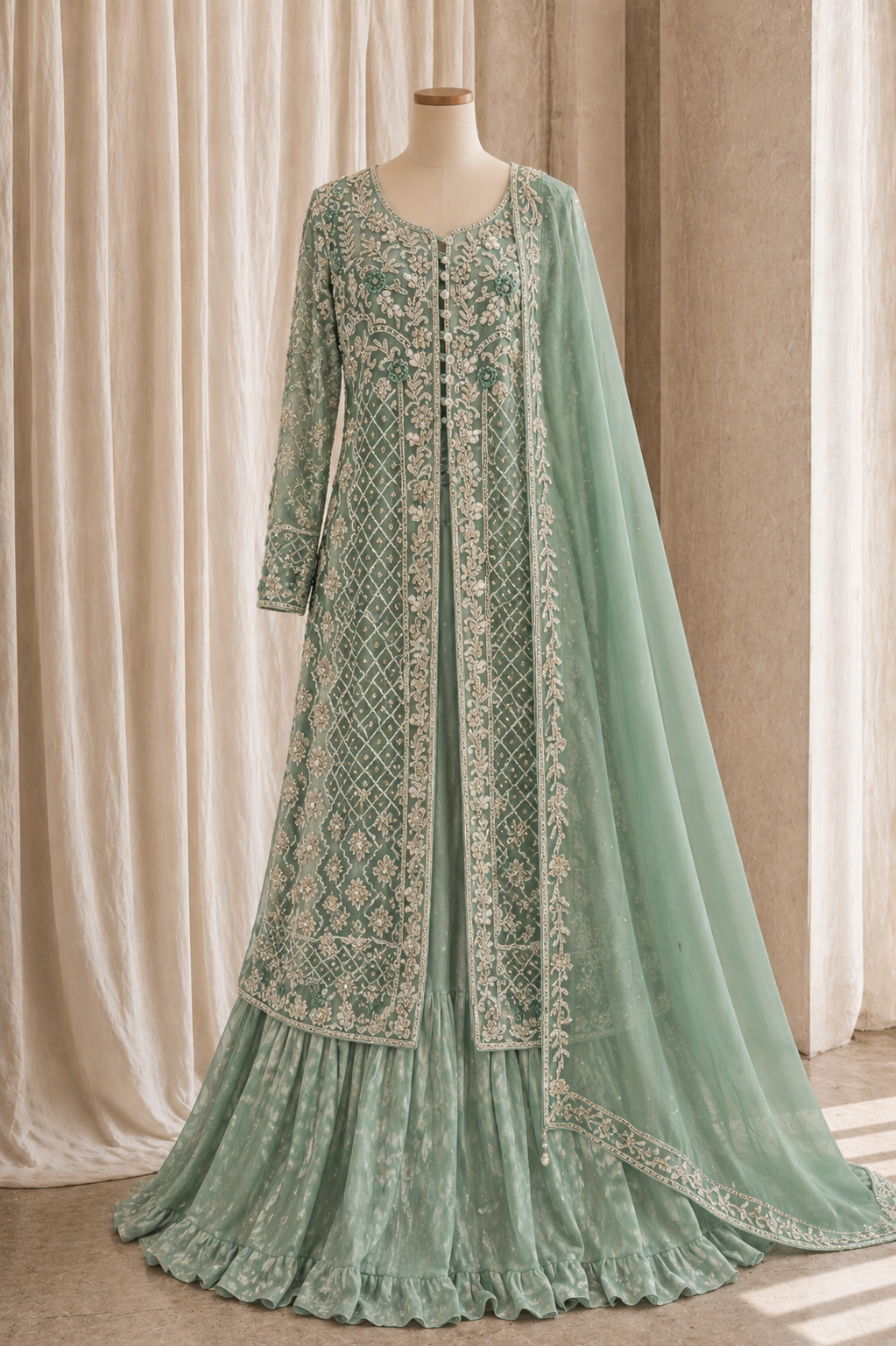 Royal Crystal Work Aqua Blue Color Shimmer Fabric Indo-Western