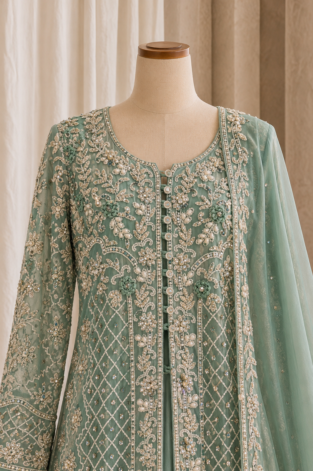 Royal Crystal Work Aqua Blue Color Shimmer Fabric Indo-Western