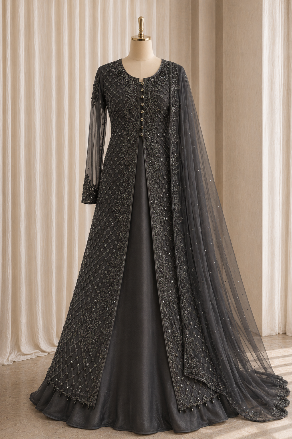 Elegant Diamond Work Black Color Jimmy Choo Fabric Indo-Western