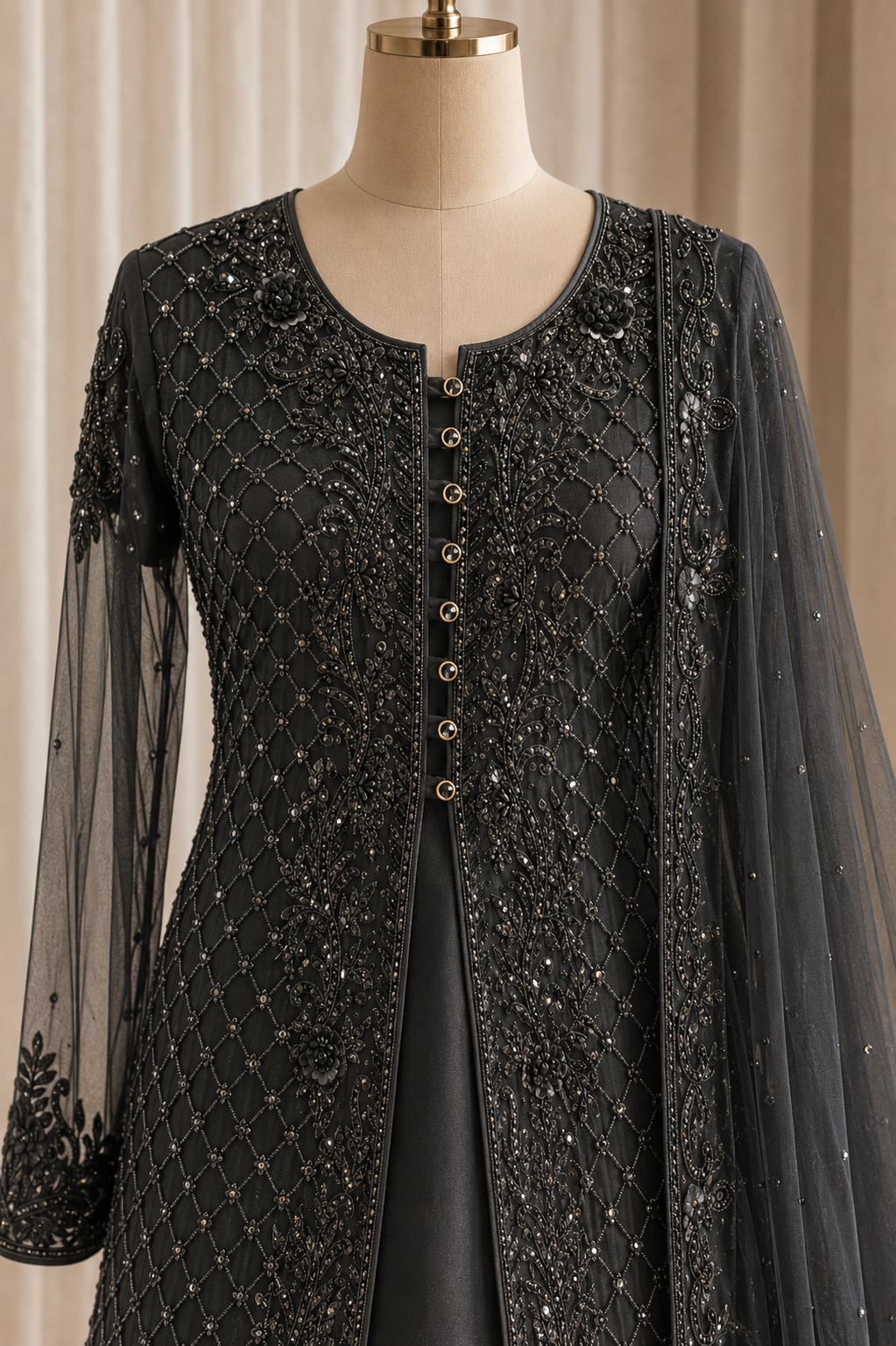 Elegant Diamond Work Black Color Jimmy Choo Fabric Indo-Western
