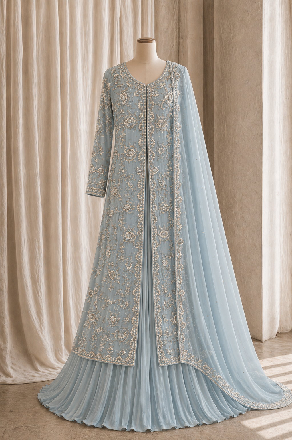 Divine Diamond Work Sky Color Georgette Fabric Indo-Western