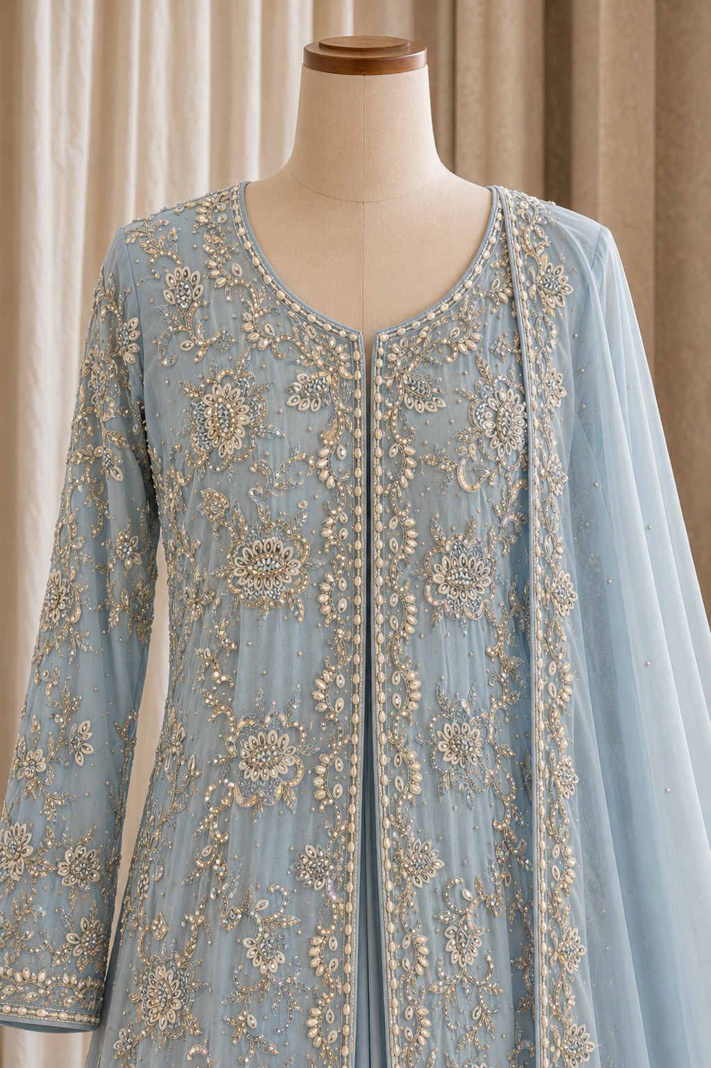 Divine Diamond Work Sky Color Georgette Fabric Indo-Western