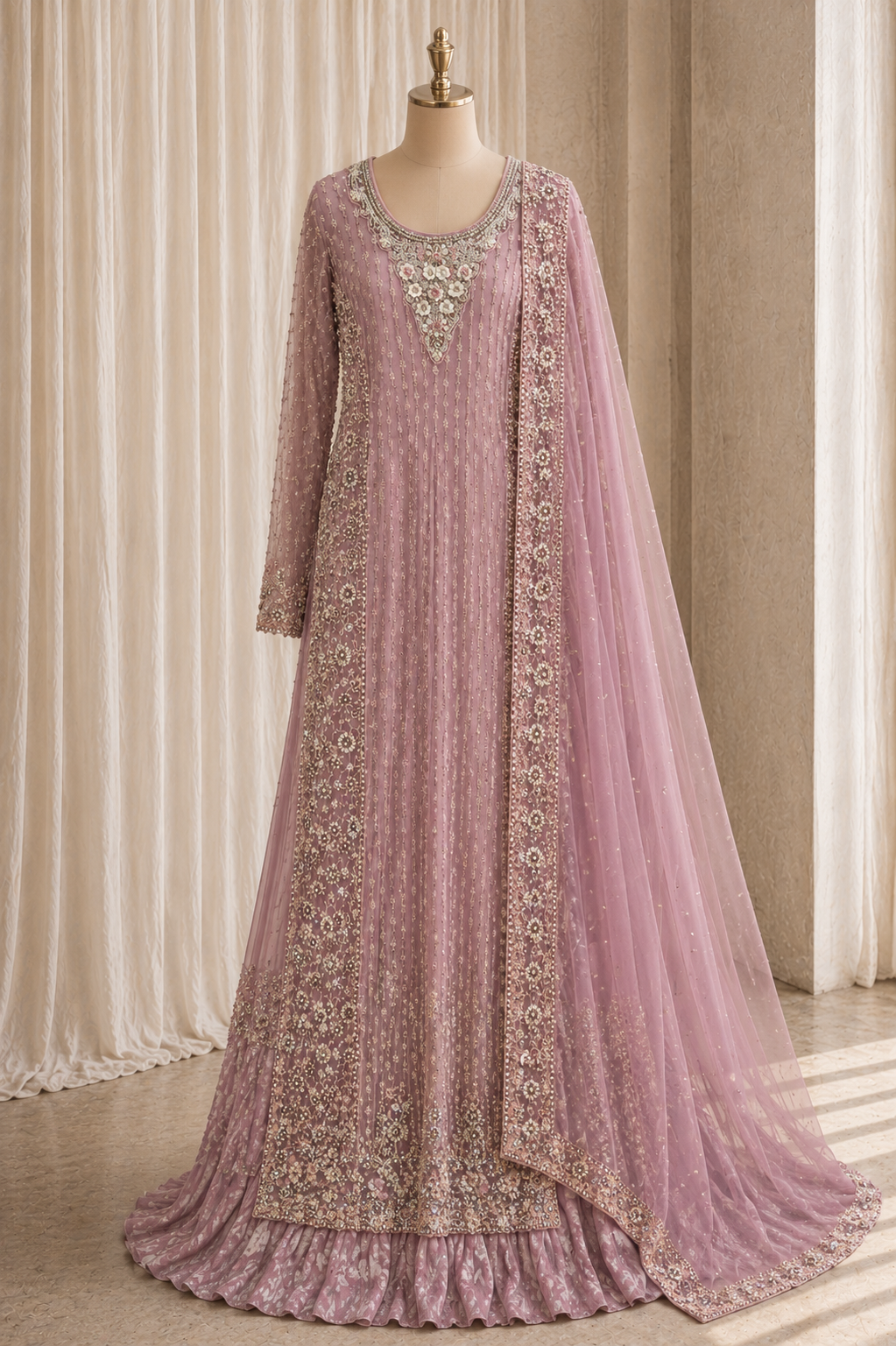 Radiance Sequins Work Pink Color Net Fabric Indo-Western