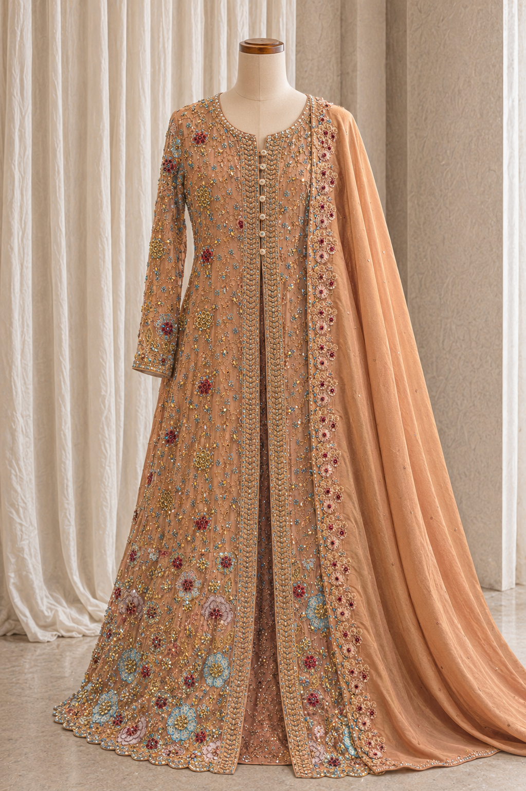 Attractive Diamond Work Peach Color Tissue Fabric Indo-Western