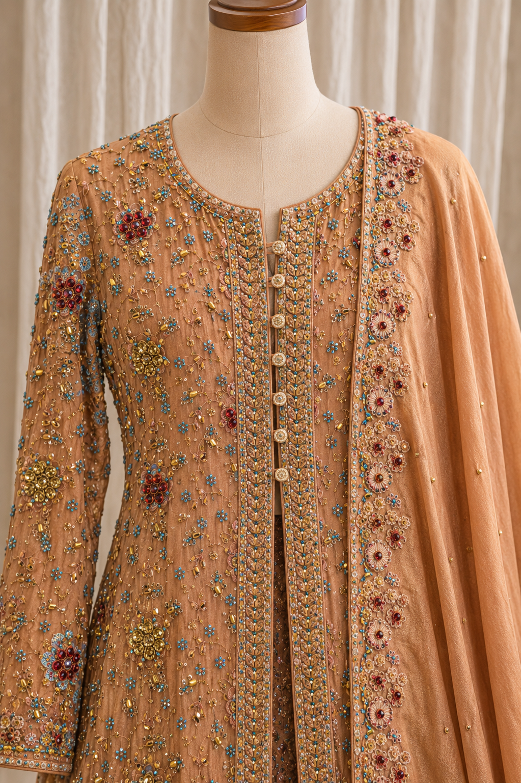 Attractive Diamond Work Peach Color Tissue Fabric Indo-Western