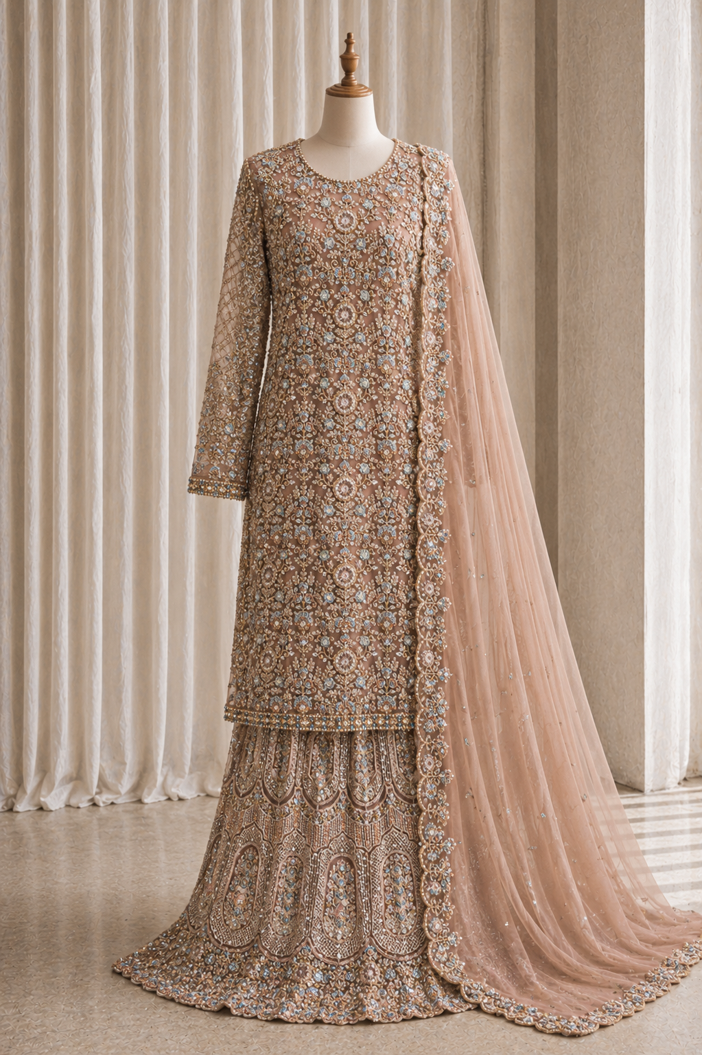 Stunning Mirror Work Peach Color Net Fabric Indo-Western