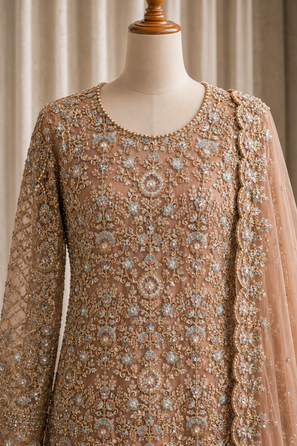 Stunning Mirror Work Peach Color Net Fabric Indo-Western