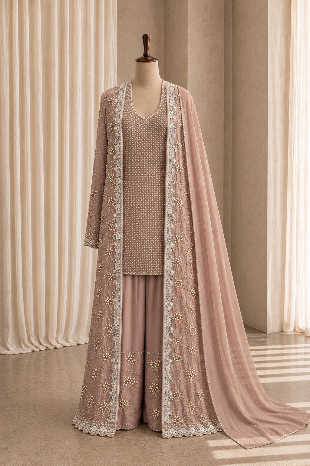 Designer Stone Work Peach Color Georgette Fabric Indo-Western