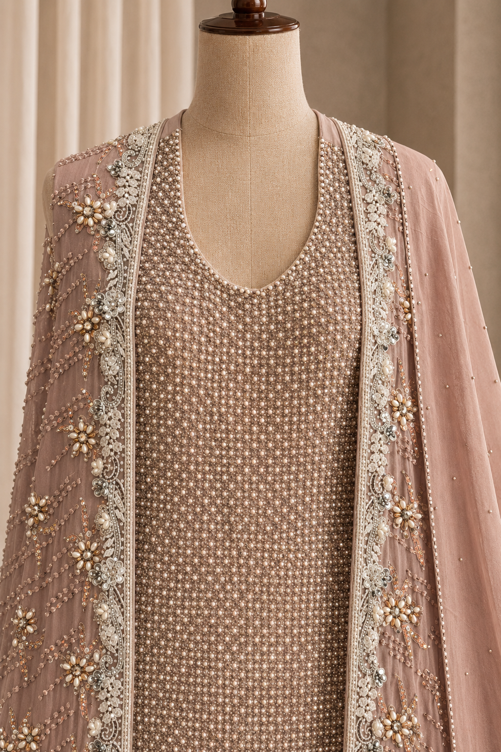 Designer Stone Work Peach Color Georgette Fabric Indo-Western