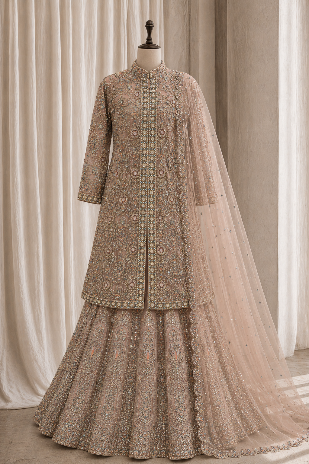 Charming Moti Work Peach Color Net Fabric Indo-Western