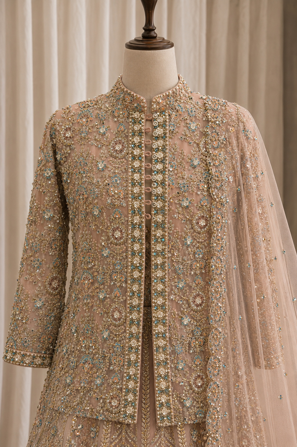 Charming Moti Work Peach Color Net Fabric Indo-Western