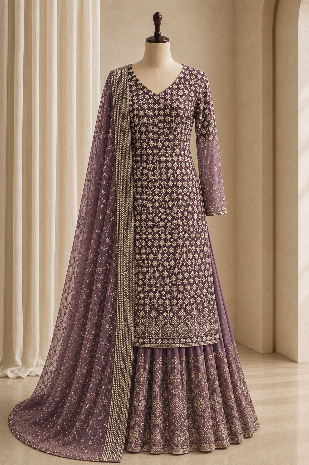 Marvelous Moti Work Mauve Color Net Fabric Indo-Western