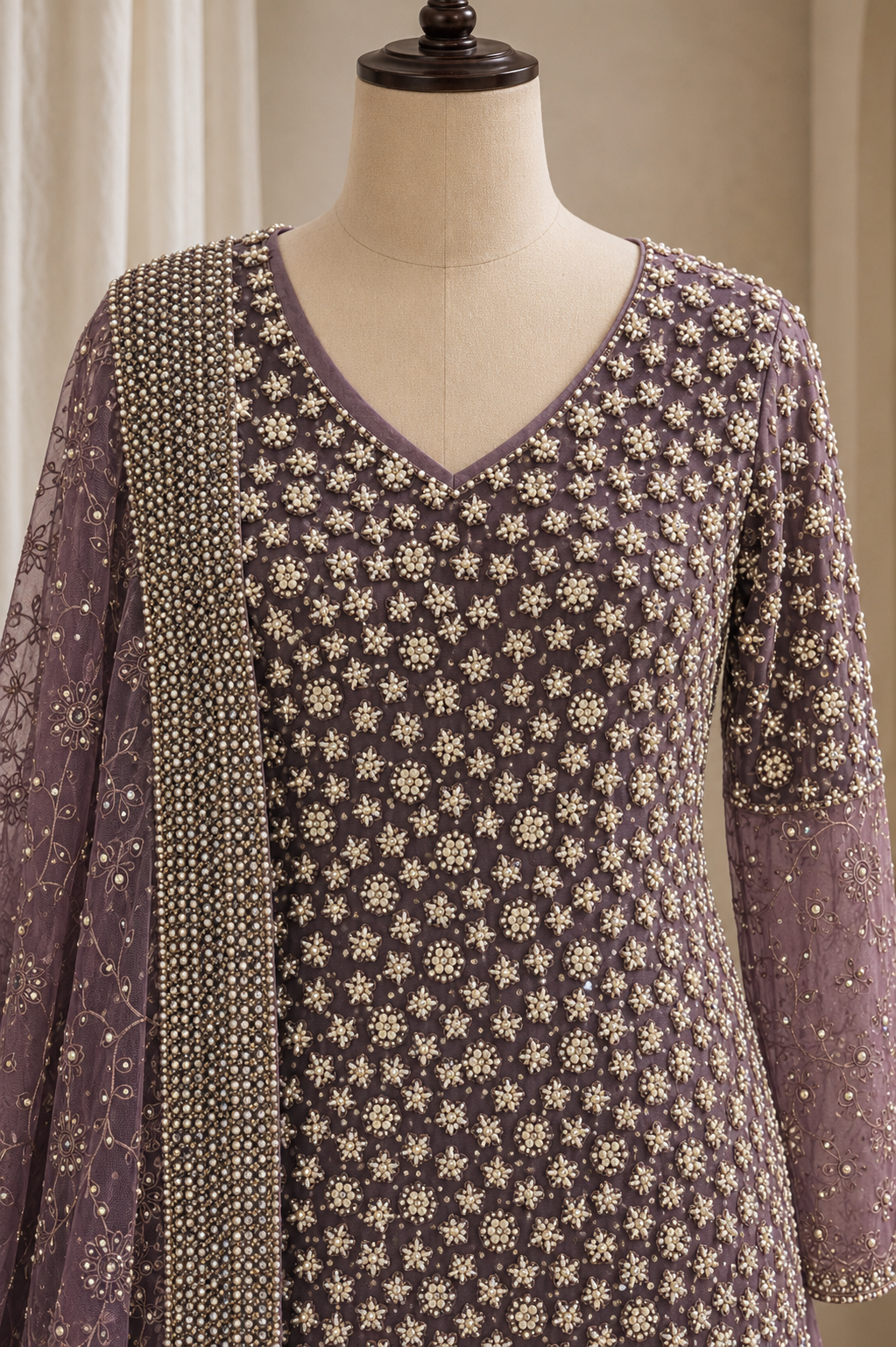 Marvelous Moti Work Mauve Color Net Fabric Indo-Western