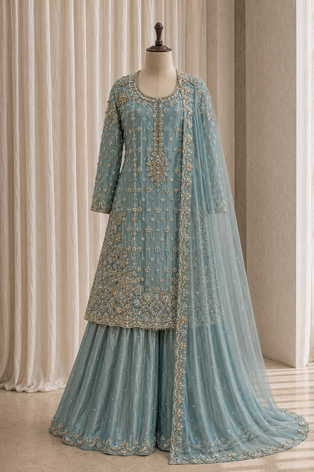 Incredible Zardozi Work Grey Blue Color Taffeta Fabric Indo-Western