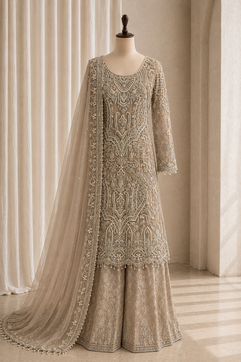 Elegance Kasab Work Beige Color Net Fabric Indo-Western