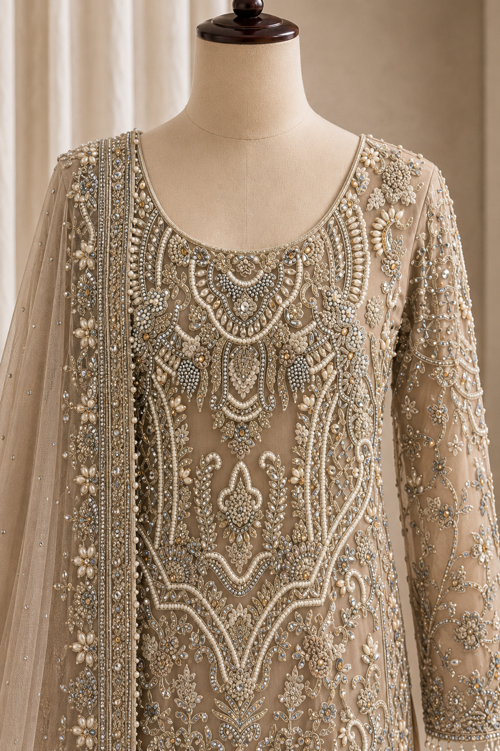 Elegance Kasab Work Beige Color Net Fabric Indo-Western