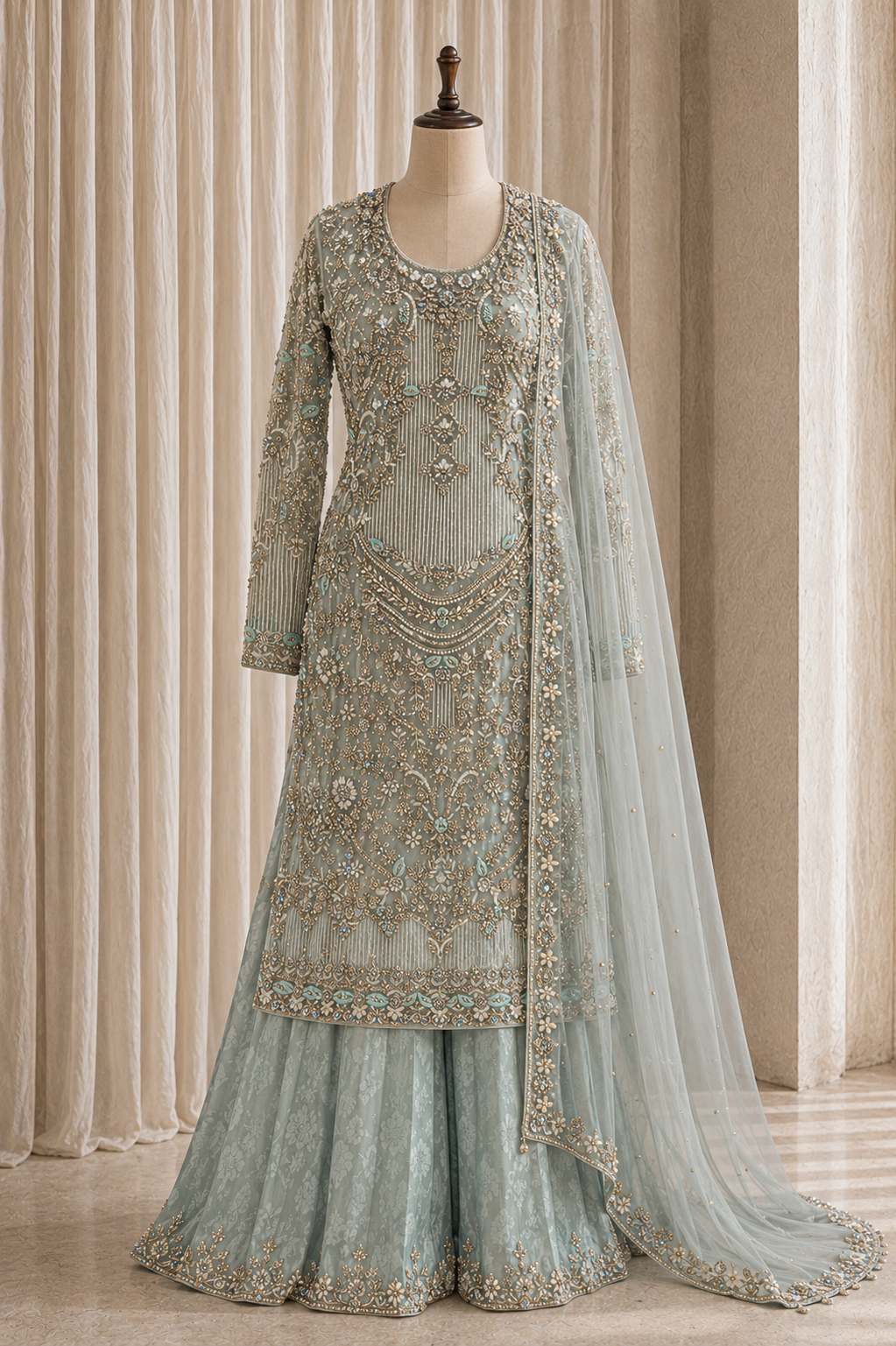 Dazzling Diamond Work Sky Blue Color Net Fabric Indo-Western