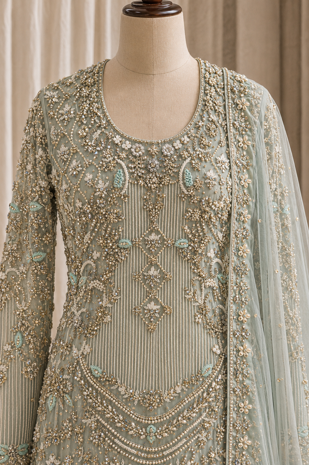 Dazzling Diamond Work Sky Blue Color Net Fabric Indo-Western