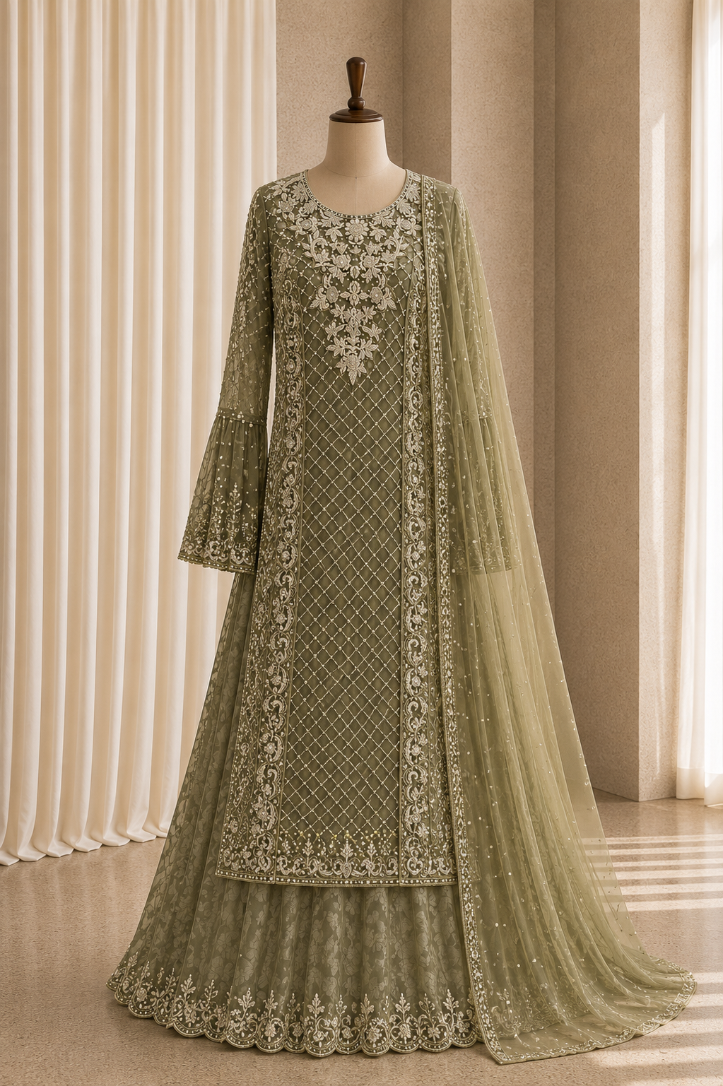 Fantastic Diamond Work Green Color Net Fabric Indo-Western