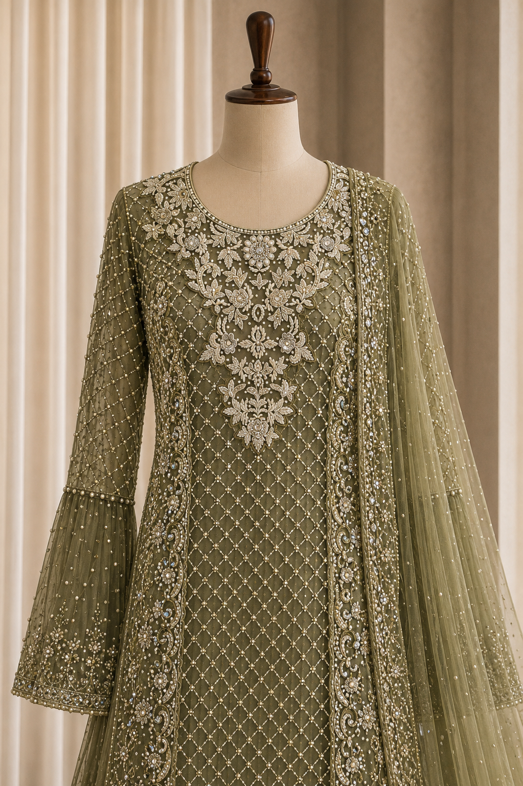 Fantastic Diamond Work Green Color Net Fabric Indo-Western