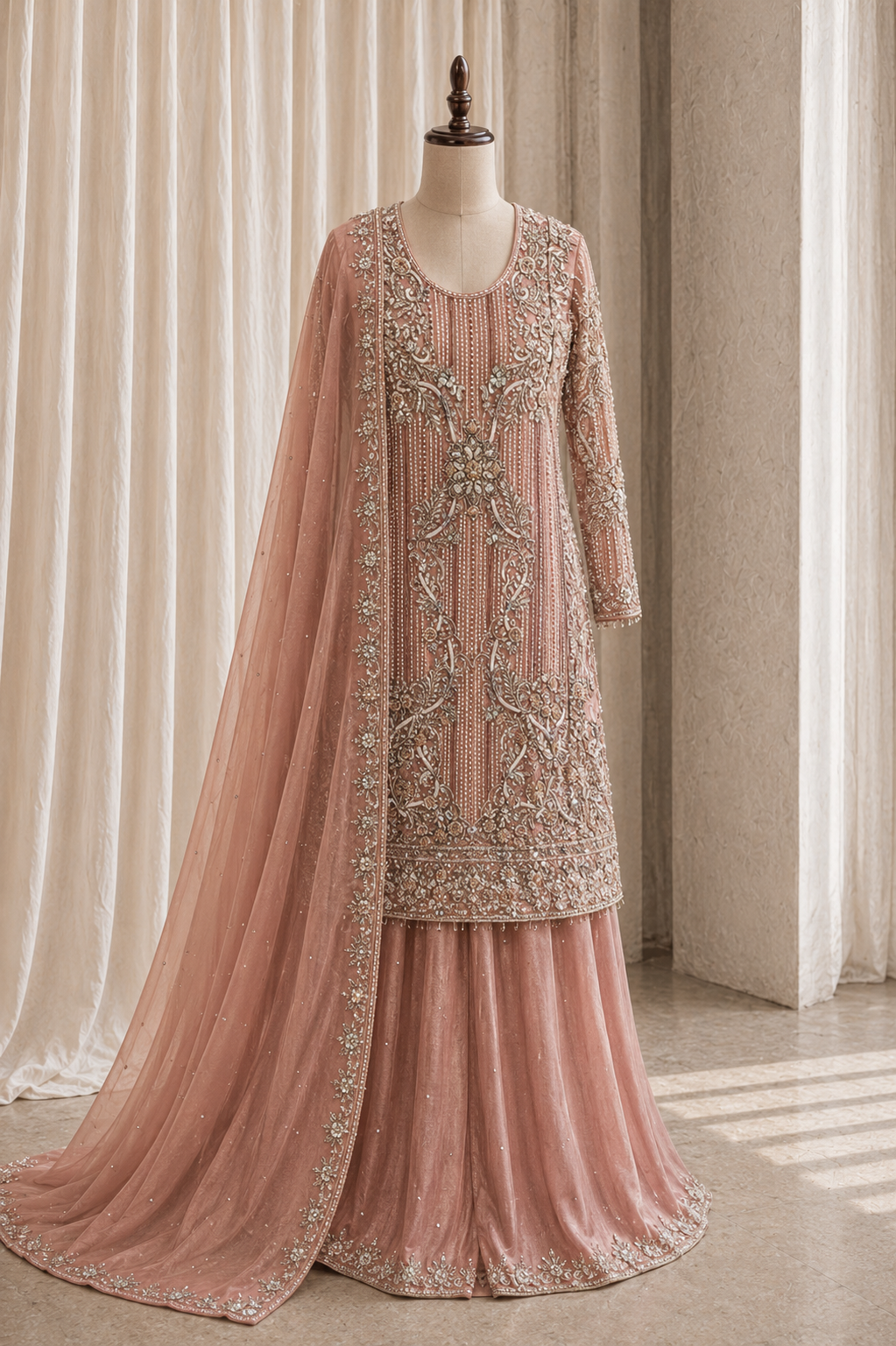 Intricate Diamond Work Peach Color Organza Fabric Indo-Western