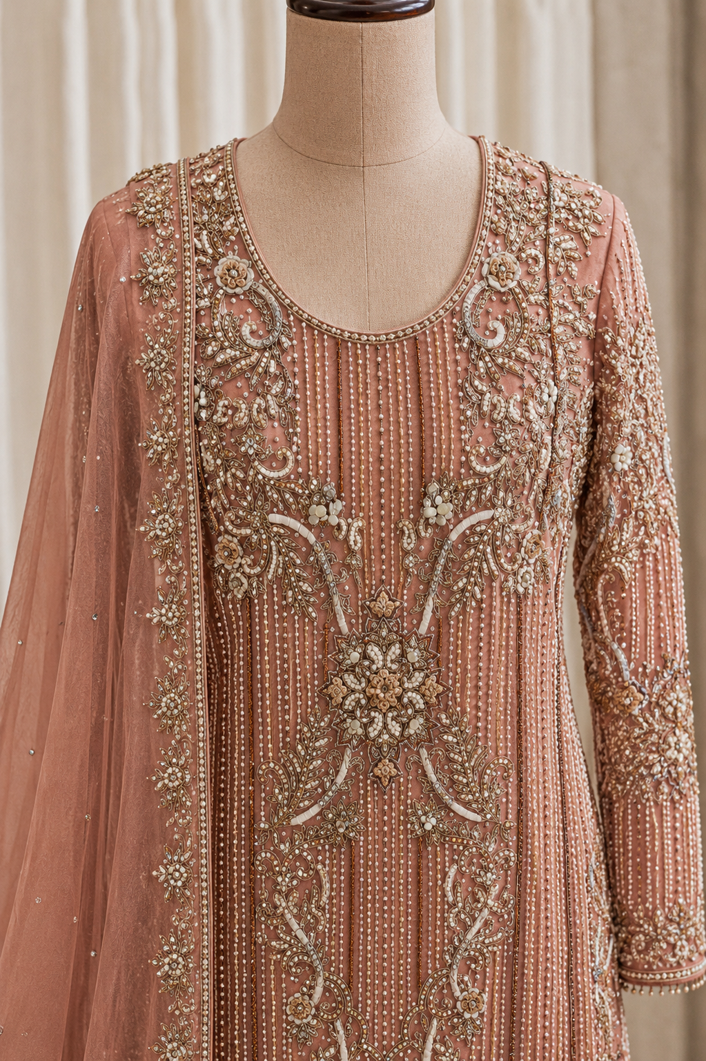 Intricate Diamond Work Peach Color Organza Fabric Indo-Western