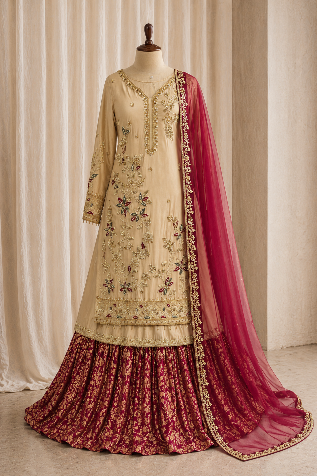 Charming Crystal Work Beige Color Taffeta Silk Fabric Indo-Western