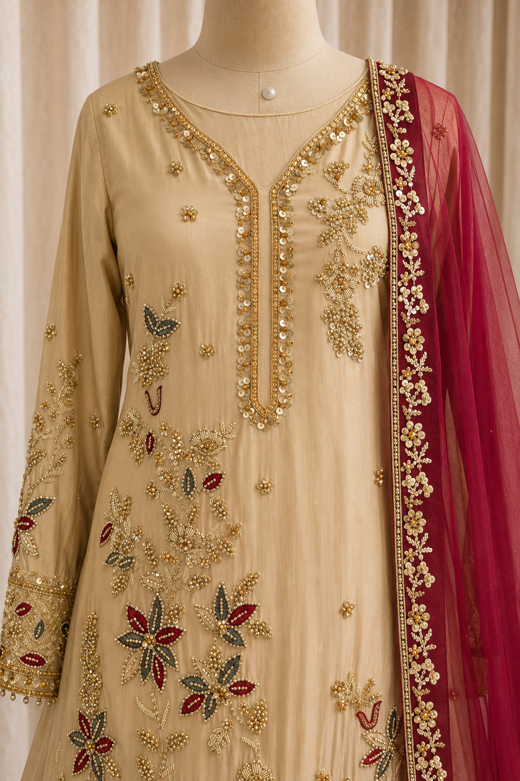 Charming Crystal Work Beige Color Taffeta Silk Fabric Indo-Western
