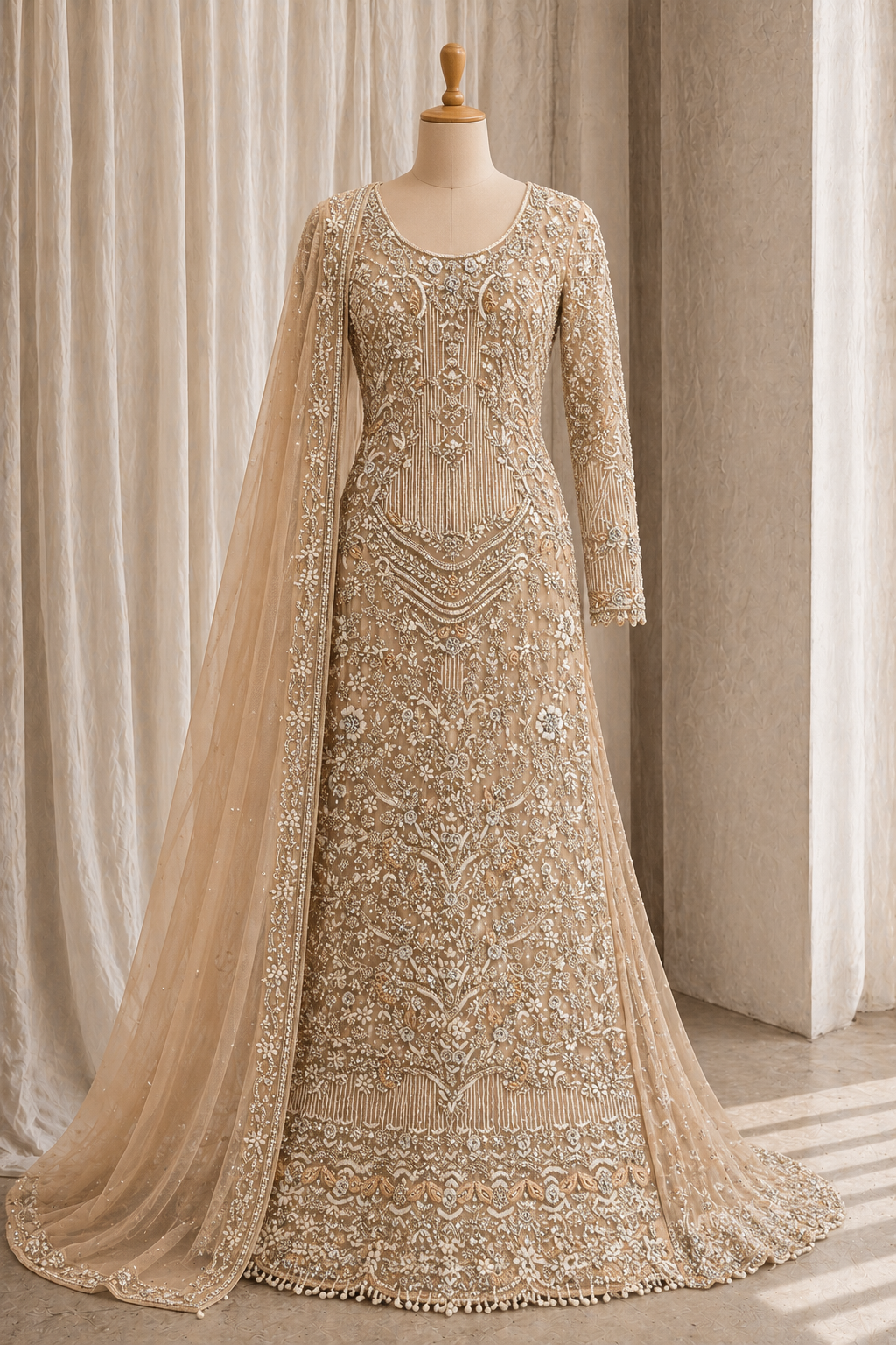 Amazing Diamond Work Peach Color Brocade Silk Fabric Indo-Western