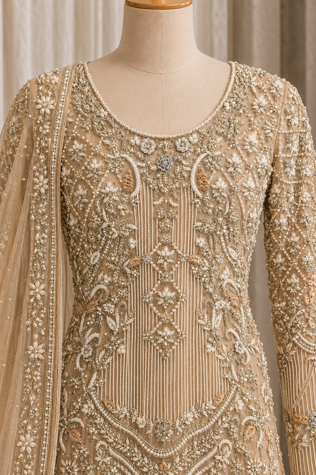 Amazing Diamond Work Peach Color Brocade Silk Fabric Indo-Western