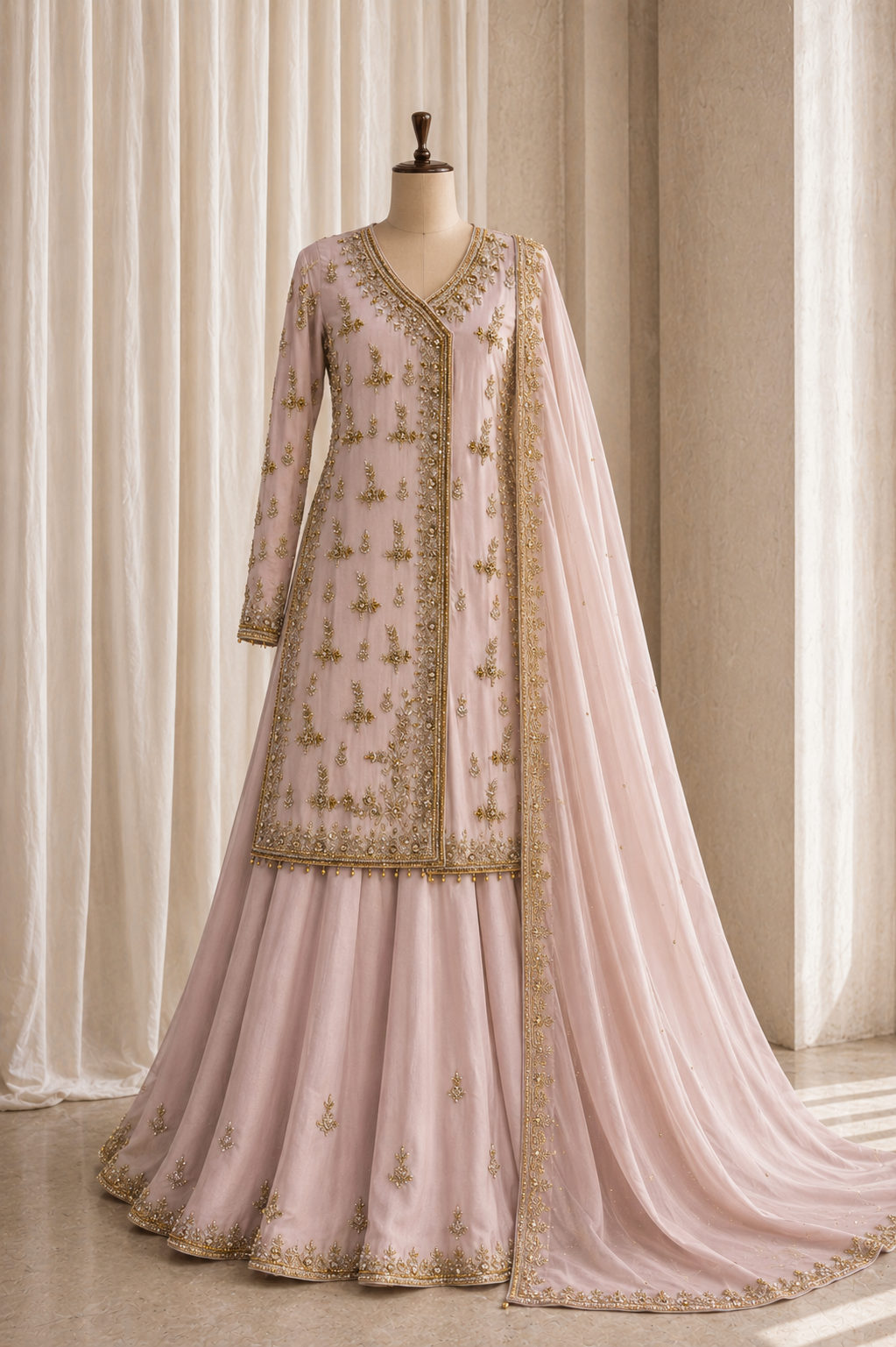 Elegance Hand Work Pink Color Taffeta Silk Fabric Indo-Western
