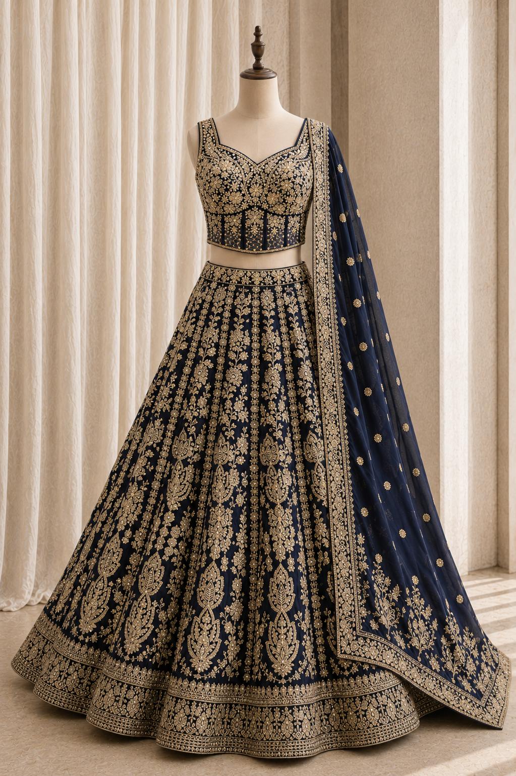 Lovely Hand Work Navy Blue Color Banarasi Fabric Ready Lehenga Choli