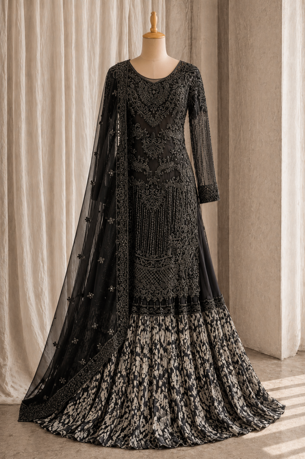 Designer Hand Work Black Color Banarasi Fabric Indo-Western