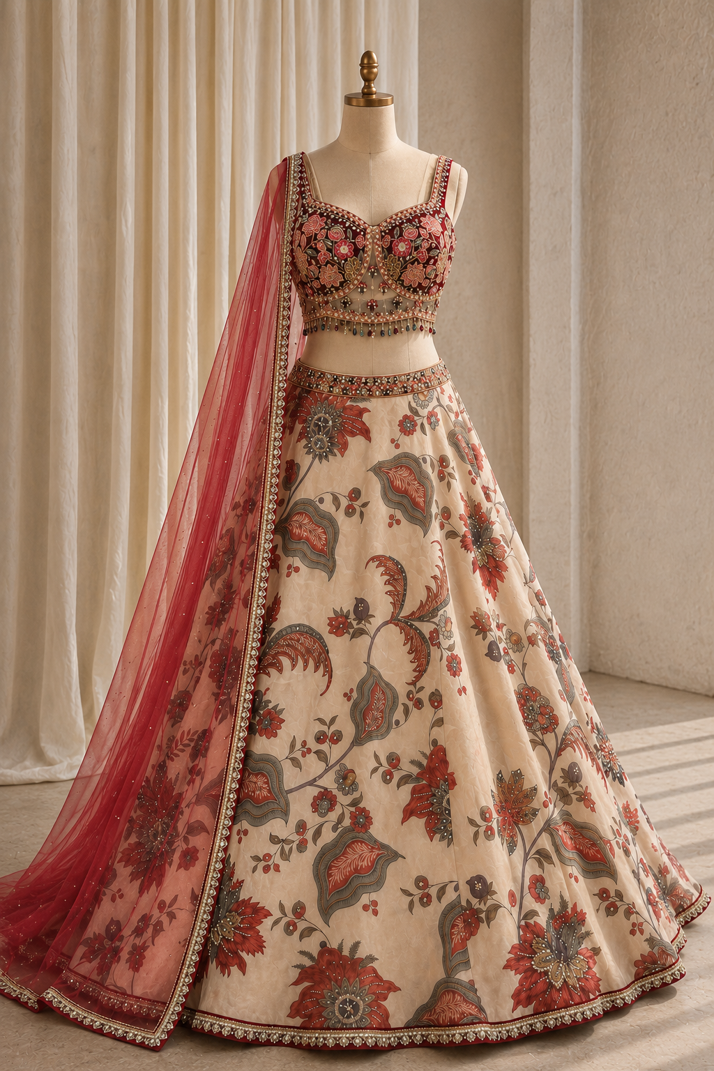 Gorgeousness Flower Print Work Beige Color And Organza Fabric Ready Lehenga  Choli