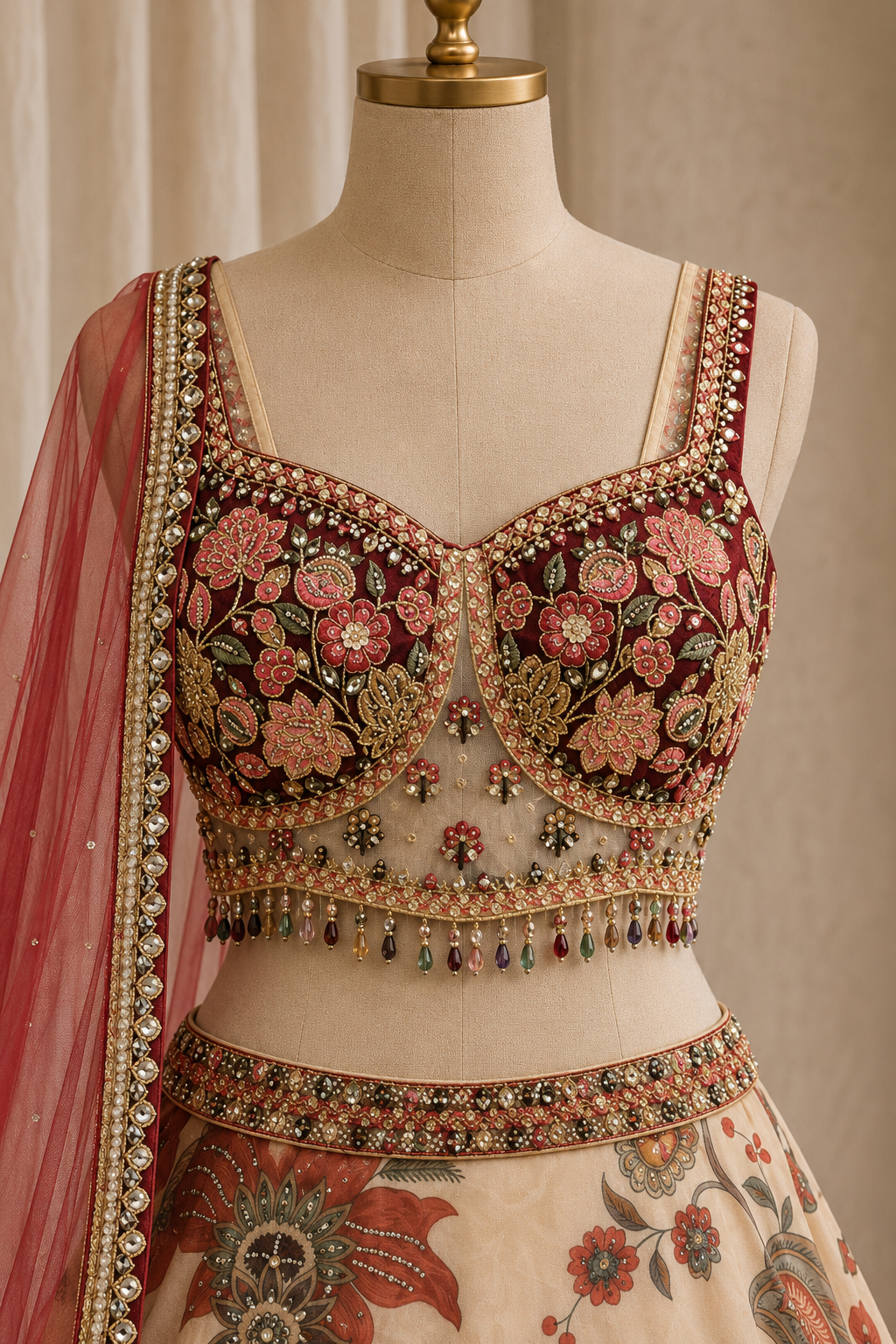 Gorgeousness Flower Print Work Beige Color And Organza Fabric Ready Lehenga  Choli