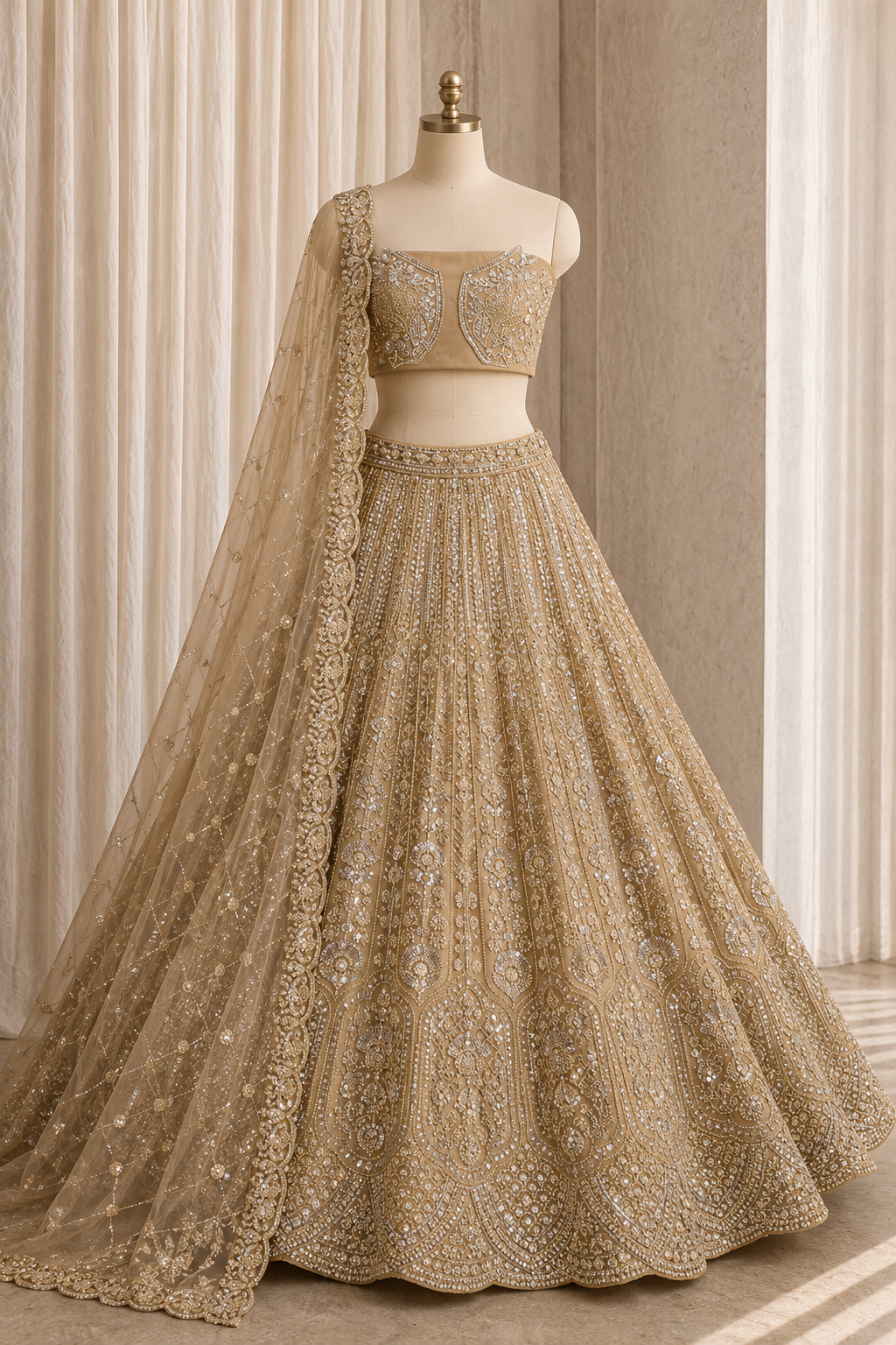 Divine Net & Beige Color Sequins Work Lehenga Choli