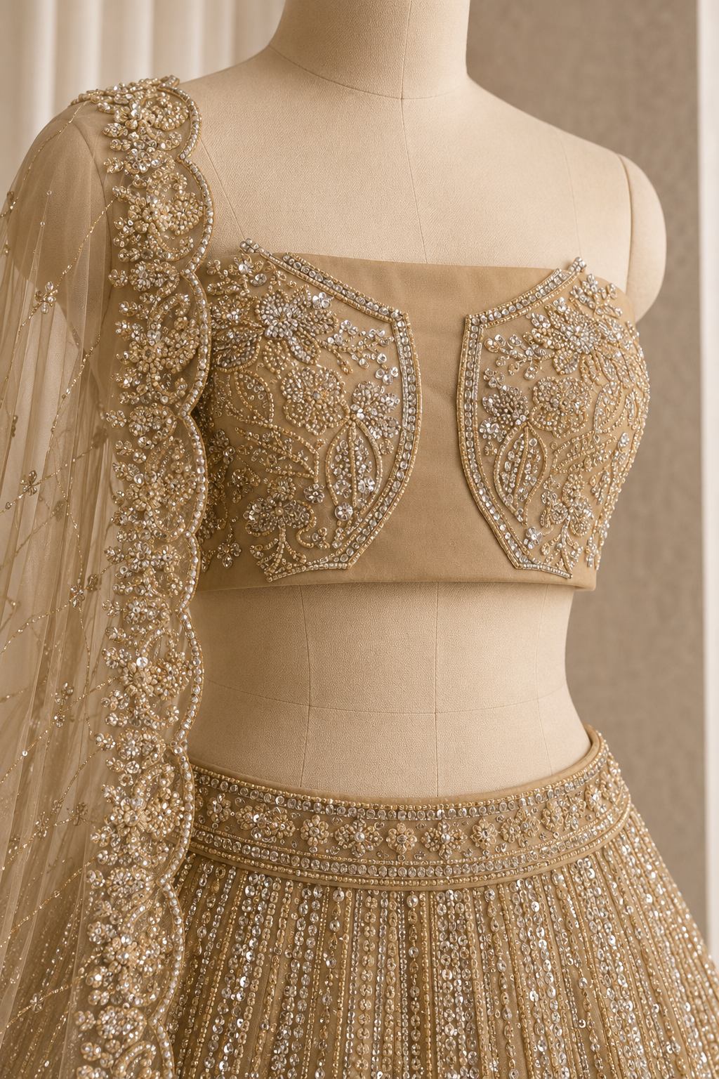 Divine Net & Beige Color Sequins Work Lehenga Choli