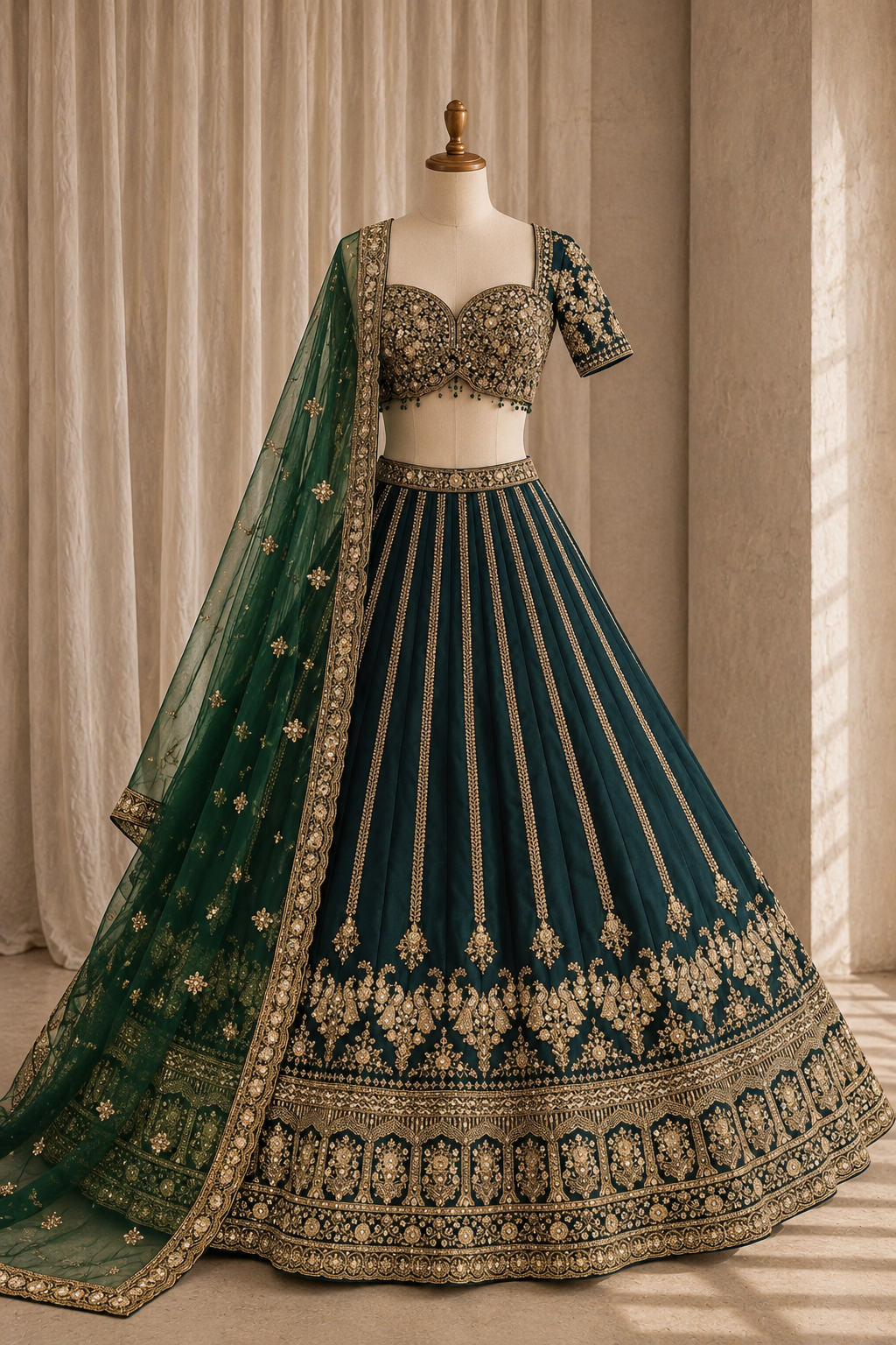 Heavenly Dupion Silk Fabric and Dark Green Color Kasab Work Lehenga Choli