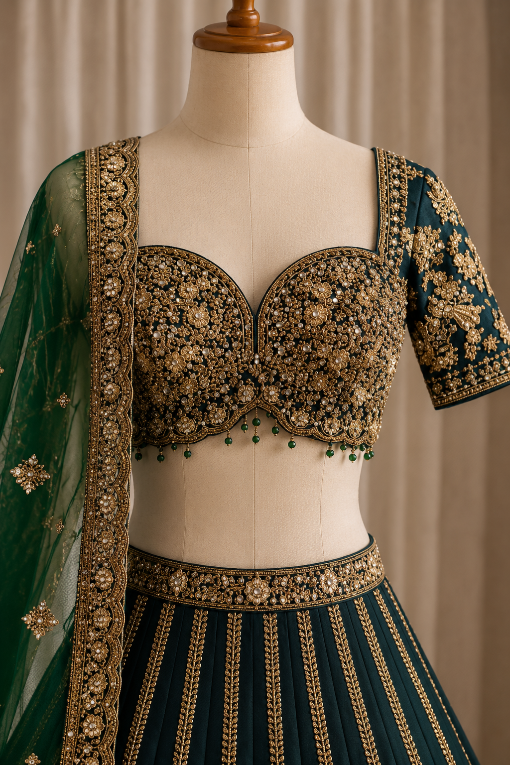 Heavenly Dupion Silk Fabric and Dark Green Color Kasab Work Lehenga Choli